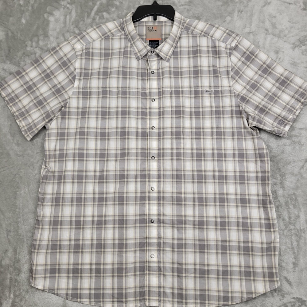 5.11 Tactical Men's 2XL Short Sleeve Gray Brown Plaid Snap Button Down Shirt